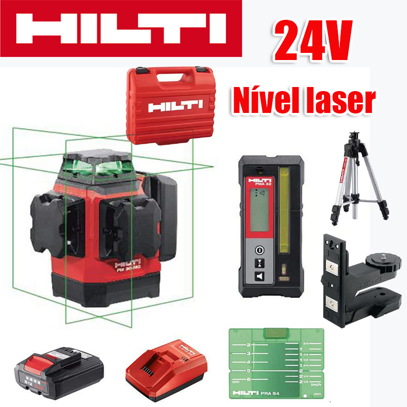 Nível de laser verde de 12 linhas, (nível Hilti, carregador, bateria, controlo remoto, alvo laser, suporte*2, caixa de plástico),bateria de lítio de 24 V, uso contínuo de 24 horas, claramente visível a 90 metros sob luz solar